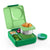 Green bento box with compartments containing food on a white background