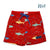 Red swim shorts with shark pattern on a white background