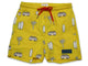 Yellow shorts with beach-themed patterns that changes color when it gets wet