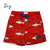 Red swim shorts with shark pattern on a white background