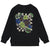 Black sweatshirt with colorful graphics and text