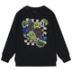 Black sweatshirt with colorful graphics and text